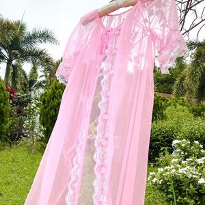 Mistra Vintage Pink Sheer Lace Peignoir Robe